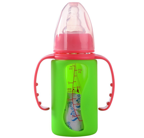 矽利康有手柄標(biāo)口玻璃奶瓶110ml