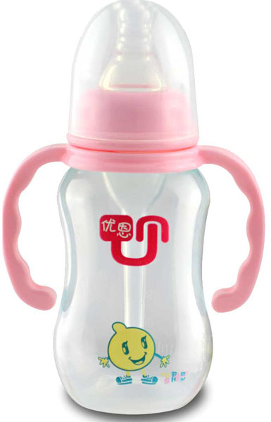 優(yōu)恩粉色標(biāo)口帶手柄防脹氣PP奶瓶180ml