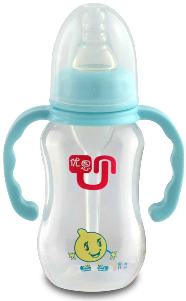 優(yōu)恩淺綠色標口帶手柄防脹氣PP奶瓶180ml
