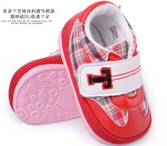 天使之嬰格子布透透氣PUyinge學步鞋紅色