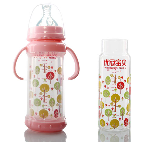 優(yōu)冠寶貝雙層玻璃奶瓶210ml紅色