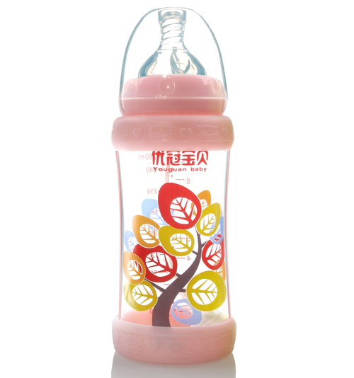 優(yōu)冠寶貝標(biāo)口防護玻璃奶瓶260ml紅色
