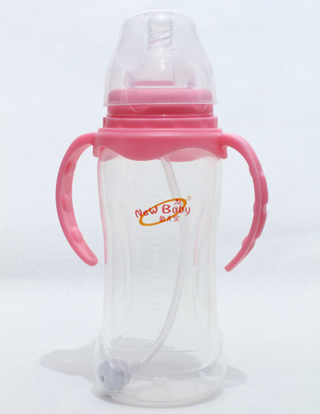 新兒寶粉紅色寬口330ml雙耳自動(dòng)圓腰形PP奶瓶