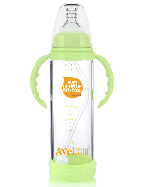 噯唯標準口徑帶柄自動高硼硅玻璃奶瓶(250ml)(帶安全硅膠套)