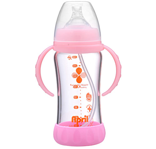 愛(ài)普麗寬口弧形玻璃奶瓶240ml粉色