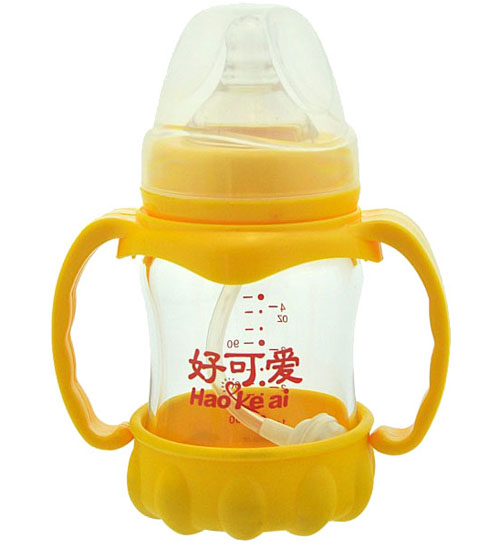 好可愛寬口自動吸管手柄弧形晶鉆玻璃奶瓶120ML