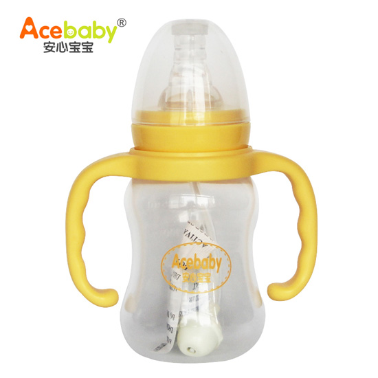 安心寶寶125ml標(biāo)口圓弧形雙耳自動PP奶瓶黃色手柄