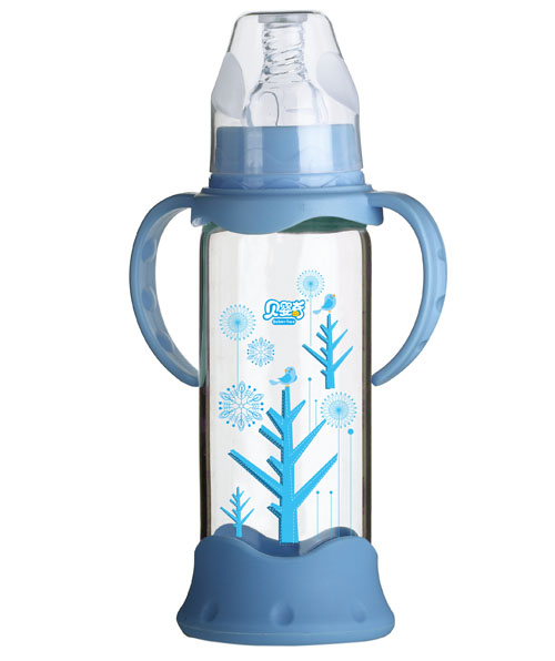 貝嬰奇240ml防爆感溫標(biāo)口晶鉆玻璃奶瓶藍(lán)色