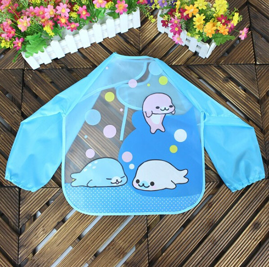 yingeEVA免洗吃飯衣圍兜圍嘴長袖藍(lán)海豚