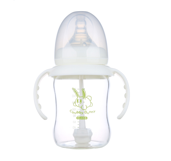 丘比兔玻璃寬口徑葫蘆型自動把手奶瓶160ML白色