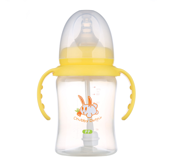 丘比兔PP寬口徑葫蘆型自動把奶瓶210ML黃色