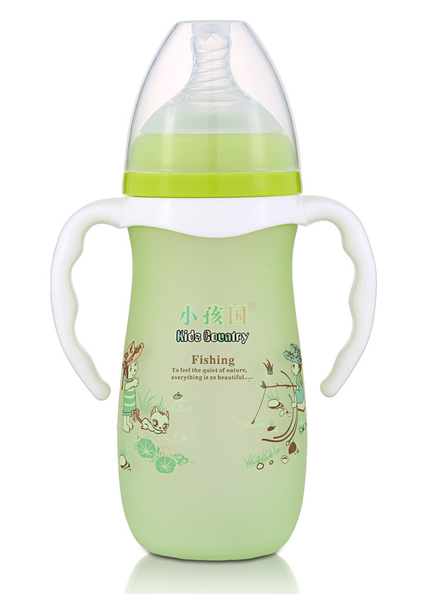 小孩國寬口硅膠感溫自動玻璃奶瓶280ML 綠色