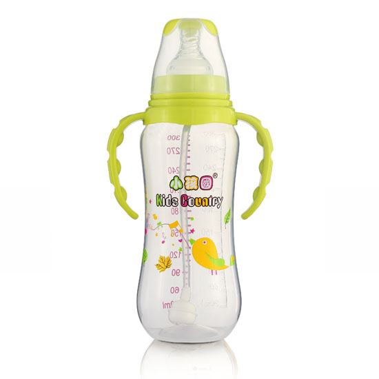 小孩國標(biāo)口自動(dòng)弧形PP安全奶瓶300 ML青色