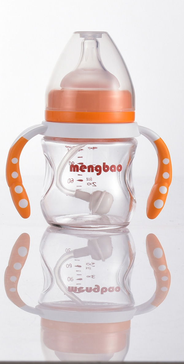 盟寶有吸管玻璃奶瓶橙色