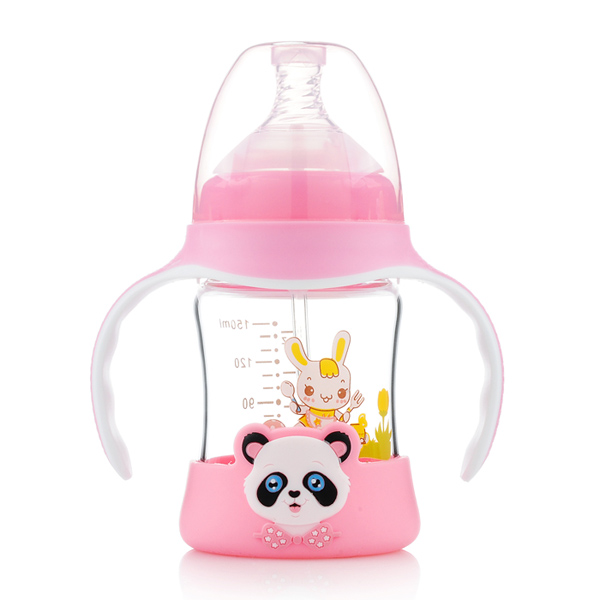 媽咪王子防摔晶鉆玻璃雙色寬口奶瓶150ml 粉色