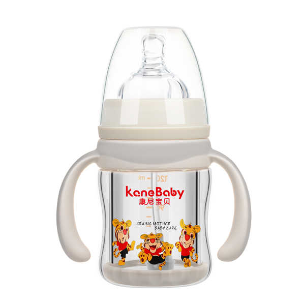 康尼寶貝弧形寬口有柄自動(dòng)防爆玻璃奶瓶120ml 灰色