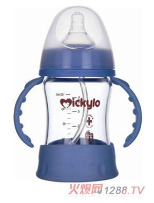米奇樂(lè)防破晶鉆玻璃寬口自動(dòng)奶瓶150ml