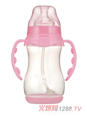 嬰之美寬口雙耳自動(dòng)圓弧PP奶瓶帶底300ML粉色