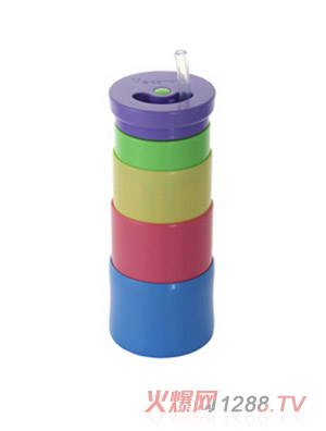 馬卡龍奶嘴硅膠伸縮水杯 帶吸嘴 藍(lán)底紫蓋 400ml