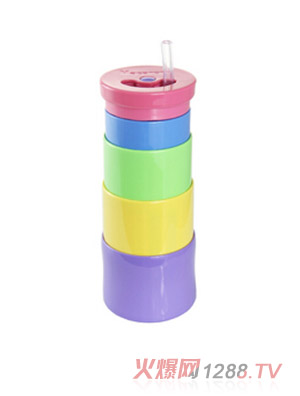 馬卡龍奶嘴硅膠伸縮水杯 帶吸嘴 紫底粉蓋 400ml